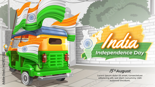 Auto Rickshaw and Indian Flag in India Independence Day Illustration