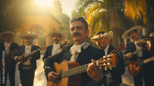 Fiesta on the Streets. Mariachi Band in Traditional Clothing Playing Music in Mexico. AI Generative
