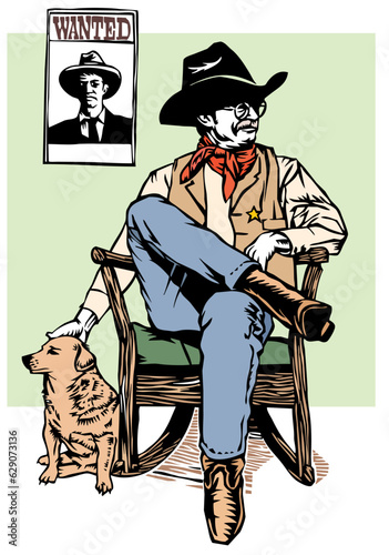 old time Western sheriff sitting on rocking chair with dog by his side