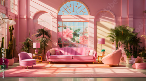 Pink barbie dreamy living room with a pink sofa and a large window photo