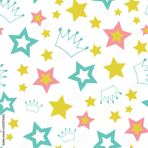 Vector Yellow  Green  Pink Stars and Crowns seamless pattern. Perfect for fabric  scrapbooking  wallpaper projects  and paper products. 