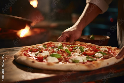 Neapolitan Culinary Tradition. Pizzaiolo Preparing Pizza with Thin Crust and Rich Tomato Sauce in Authentic Pizzeria. AI Generative