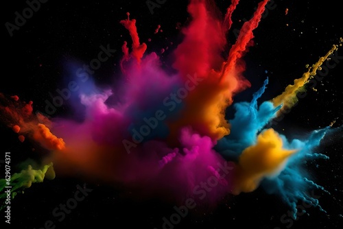 Colored powder explosion on black background. Freeze motion