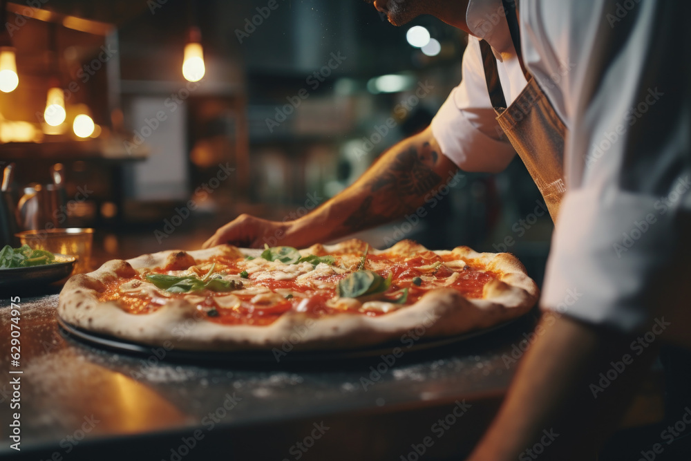 Italian Culinary Masterpiece. Pizzaiolo Preparing Pizza with Fresh Ingredients in Authentic Pizzeria. AI Generative