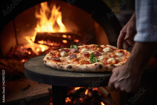 A Culinary Spectacle: Pizzaiolo's Expertise on Display as He Prepares a Delicious Pizza with Crispy Crust in a Traditional Wood-Fired Oven