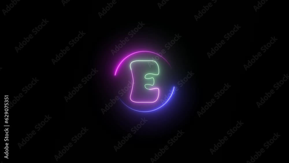 Glowing letter E sign icon animation . Neon circle rotated alphabet letter symbol. Glowing letter E sign icon animation . Neon circle rotated alphabet letter symbol.
