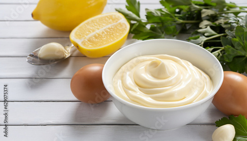 Traditional mayonnaise sauce in white ceramic bowl and ingredients for its preparation on white wooden background. Selective focus. photo