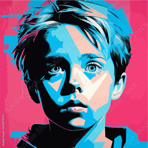 Beautiful colorful portrait of a little sad boy. Vibrant pink and blue pop art illustration of an innocent young child close-up face