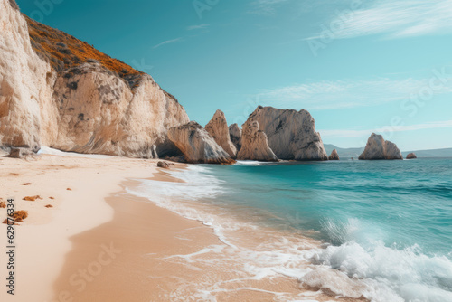 Greek Beach Serenity  Tranquility Found in the Serene Coastal Scenery of Greece  with its Glorious Golden Sand 