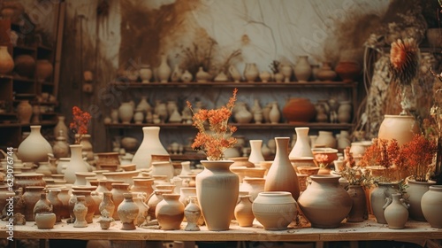 Ceramic pottery shop with delicate handmade pieces. Generative AI