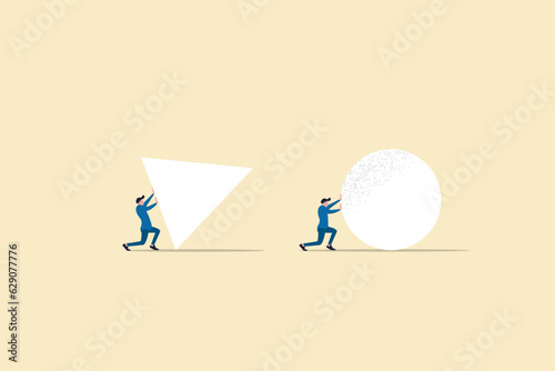Businessmen pushing different solid shape. concept of advantage and competition