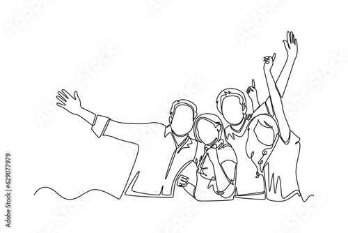 Continuous one line drawing of happy people group, welcoming and applauding concept. Doodle vector illustration in simple linear style. 