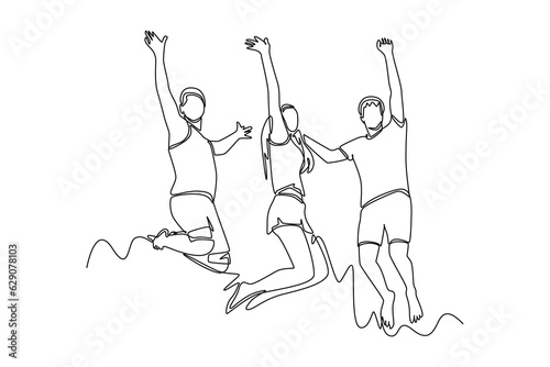 Continuous one line drawing of happy people group, welcoming and applauding concept. Doodle vector illustration in simple linear style. 
