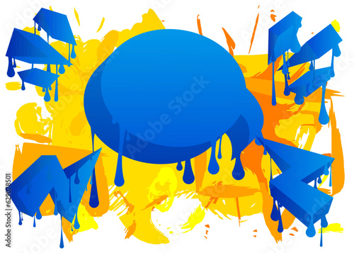 Blue and Yellow Graffiti speech bubble. Abstract Messaging sign street art decoration, Discussion icon performed in urban painting style isolated on white.