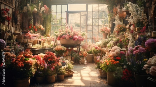 A florist shop overflowing with bright, colorful flowers. Generative AI