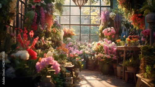 A florist shop overflowing with bright, colorful flowers. Generative AI