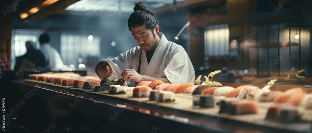 Culinary Craftsmanship. A Sushi Restaurant in Tokyo, Japan with a Chef Preparing Sushi. Authentic Cuisine Concept
