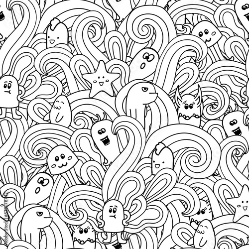 seamless black and white funny doodle pattern with flowers coloring page