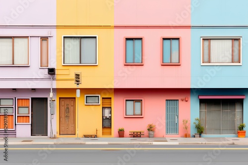 colorful simetrical japanese street minimalism, buildings and streets in the 90s with sentimental memories. pastel-colored. generative AI photo