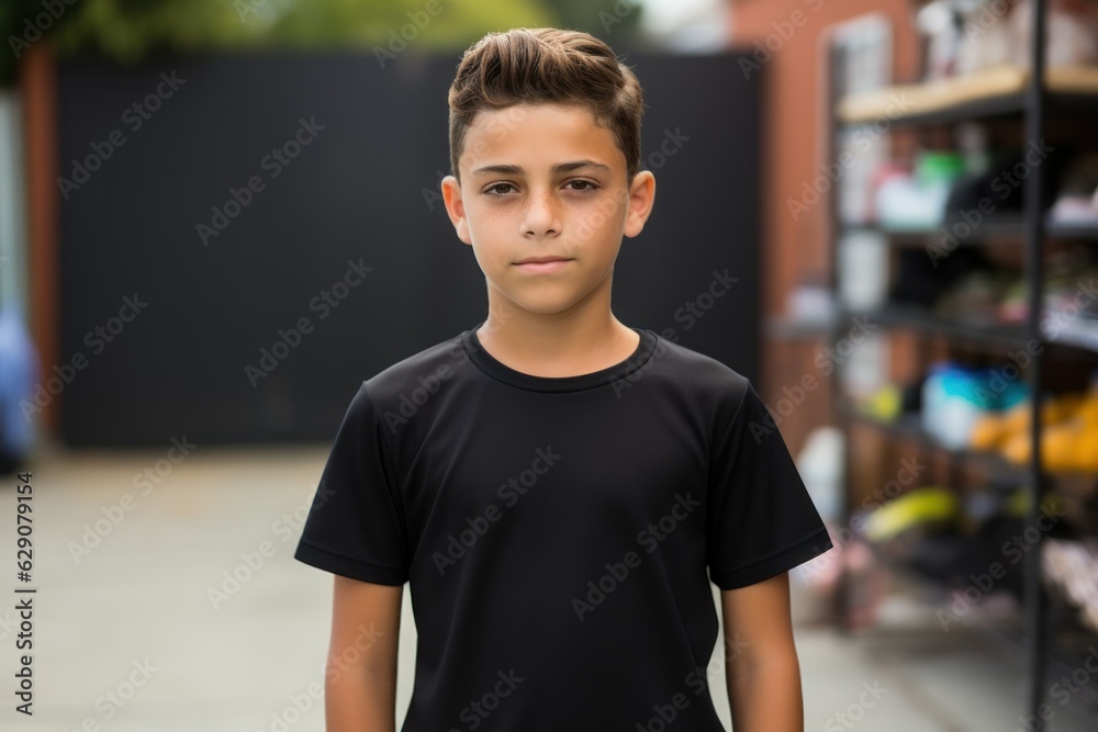 Young fictional little boy wearing a plain black t-shirt. Generative AI. Young fictional little boy wearing a plain black t-shirt. Generative AI.