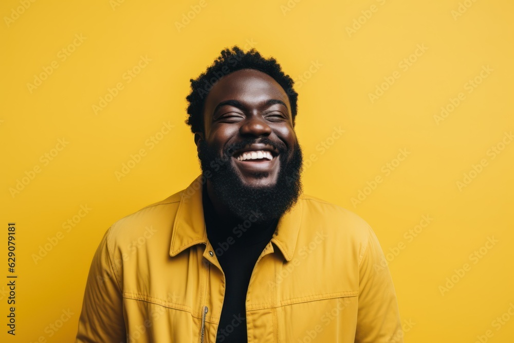 A young and happy fictional black model smiling candidly. Isolated on a yellow background. Generative AI. A young and happy fictional black model smiling candidly. Isolated on a yellow background. Generative AI.