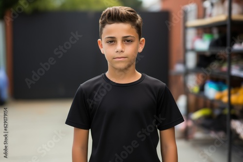 Young fictional little boy wearing a plain black t-shirt. Generative AI.