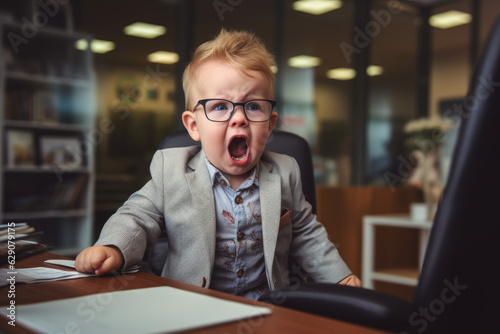 Turbulent Workplace. Angry Toddler Sitting in Office with Frustrated and Failed Boss. Unruly Office Atmosphere concept. AI Generative 