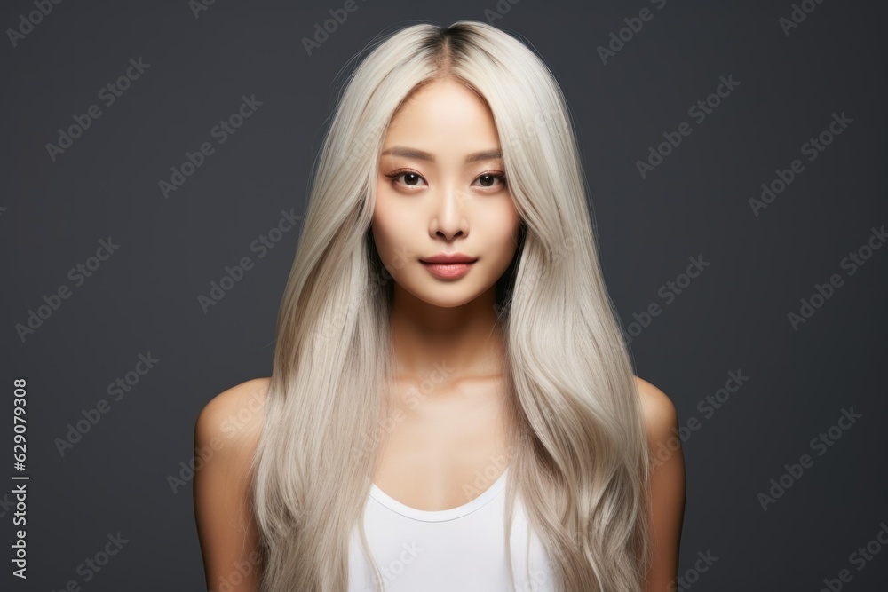 Fototapeta premium Close-up portrait of a beautiful woman with stylish hairstyle. Photo for hair salon. Haircut illustration. Generative AI.