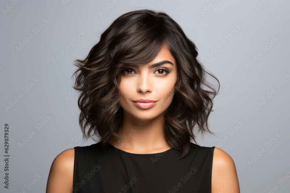 Close-up portrait of a beautiful woman with stylish hairstyle. Photo for hair salon. Haircut illustration. Generative AI. Close-up portrait of a beautiful woman with stylish hairstyle. Photo for hair salon. Haircut illustration. Generative AI.