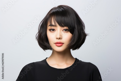 Close-up portrait of a beautiful woman with stylish hairstyle. Photo for hair salon. Haircut illustration. Generative AI.