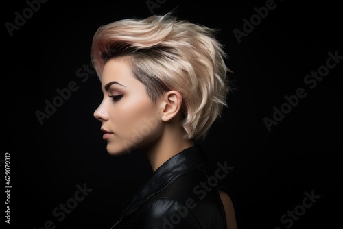 Close-up portrait of a beautiful woman with stylish hairstyle. Photo for hair salon. Haircut illustration. Generative AI.