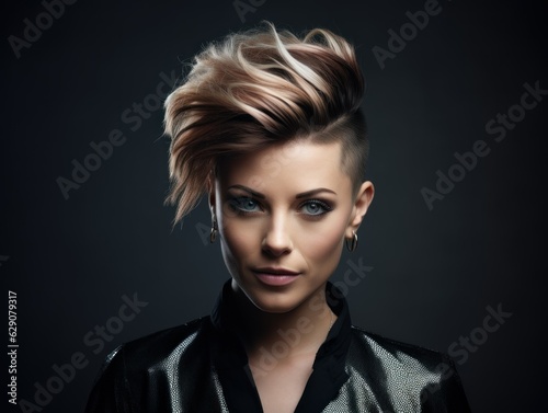 Close-up portrait of a beautiful woman with stylish hairstyle. Photo for hair salon. Haircut illustration. Generative AI.