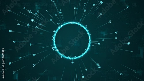 Motion graphic of Blue digital particle ring rotation around logo with ai icon spread and line linked on abstract background