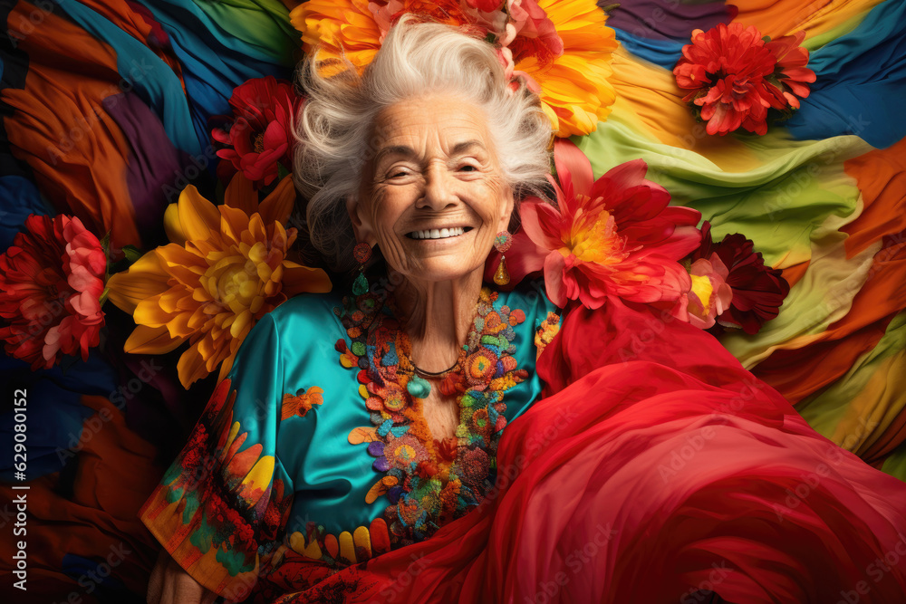 Mexican Elderly Woman with Silver Hair. Colorful Background, Timeless Grace. A Glimpse of Elegance