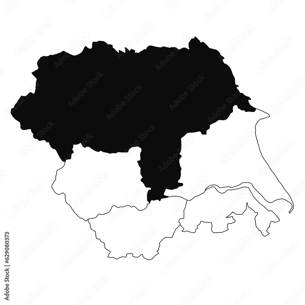 Map of North Yorkshire in Yorkshire and the Humber  province on white background. single County map highlighted by black colour on Yorkshire and the Humber, England administrative map.