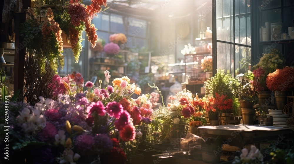 A florist shop overflowing with bright, colorful flowers. Generative AI