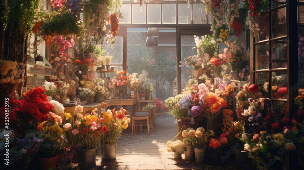 Fototapeta premium A florist shop overflowing with bright, colorful flowers. Generative AI