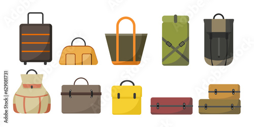 set of variety baggage, suitcases in difference types, travel bag, difference size of baggage in autumn cool color tone for backpacker tourist vacation. flat illustration vector.