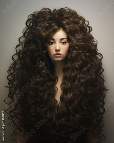 A studio portrait of a young woman  framed with extremely long  curly hair. She has perfect skin.