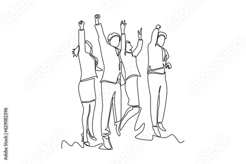 Continuous one line drawing of happy people group, welcoming and applauding concept. Doodle vector illustration in simple linear style. 