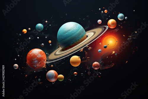 planetary system 3d illustration of planets  in the style of colorful biomorphic forms planet and solar system with saturn  moon  stars 