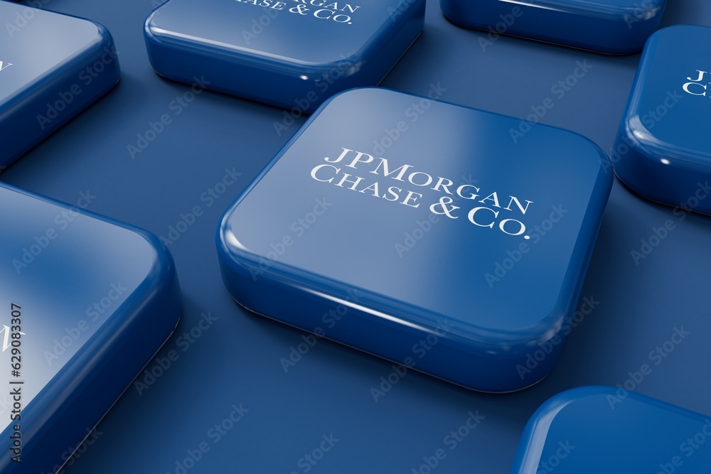 LONDON, UK July 2023 JP Chase bank company logo. 3D Rendering