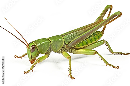 Green Grasshopper Insect On White Background, Generative Ai