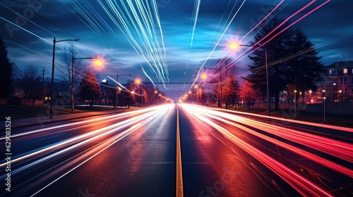 Road with light trails. Generative AI