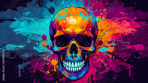 Abstract colorful scary skull painting art with mixed grunge colors. Digital illustration generative AI.