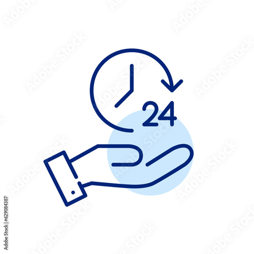 24 hour service. Clock and arrow in hand. Pixel perfect, editable stroke icon