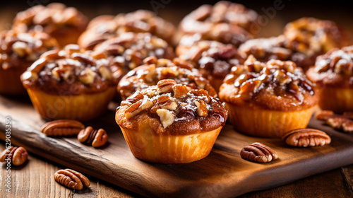 A scrumptious pecan pie muffin, filled with caramelized pecans and a buttery, flaky crust, a delightful miniature version of the classic dessert.