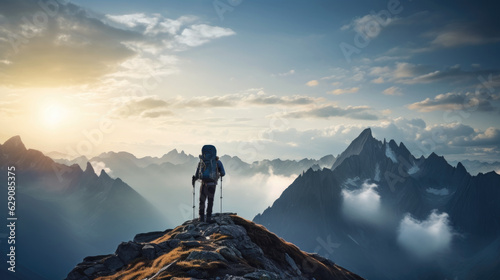 Peaks Embrace. A trekker Standing Atop Majestic Alps, Appreciating the Mesmerizing Sunrise Beauty. A Journey of Challenge, Triumph, and Passion for Nature and Mountains.