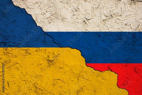 Demonstration of the conflict between Ukraine and Russia. Flag of the Kyiv regime and the Moscow regime on a cracked clay wall