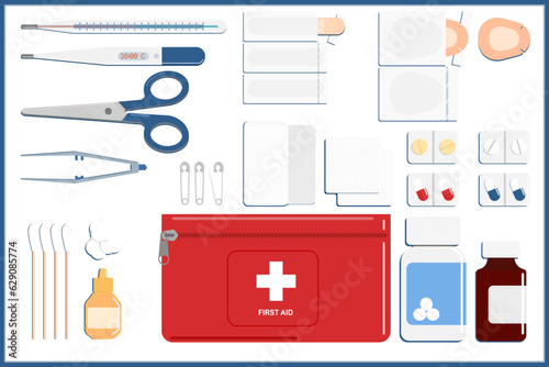 first aid kit.red zip pouch,digital thermometer,cotton pad,tweezers,paracetamol bottle,saline solution,betadine wound cleanser,cotton swabs and bandage isolated on white background.Vector illustration